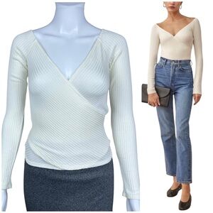 Reformation Minnie Ribbed Knit Top SMALL Wrap V-Neck Stretch Blouse Coquette